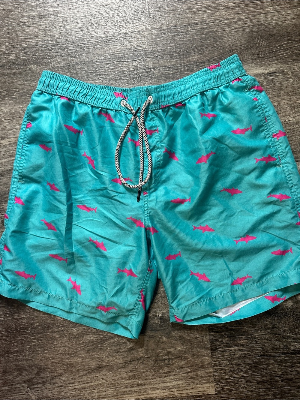 Men's Teal Swim Shorts with Pink Shark Print